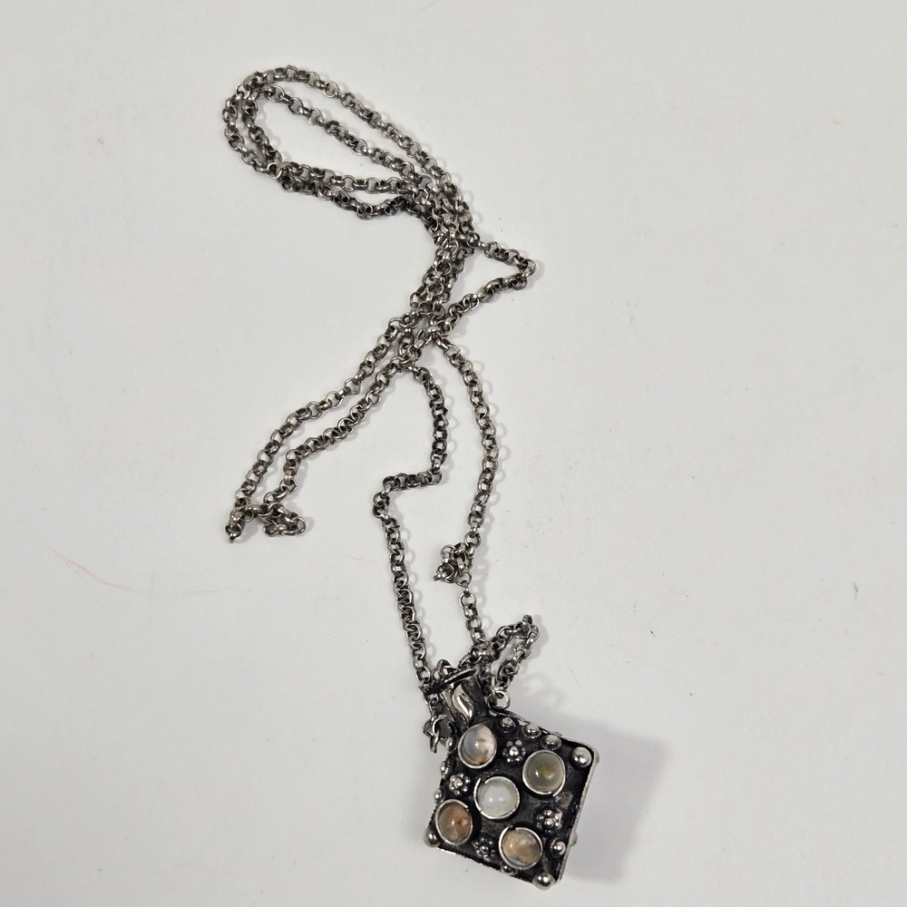 Vintage Perfume Bottle Pendant Necklace Ethnic Tribal Moonstone Cabochons Wand